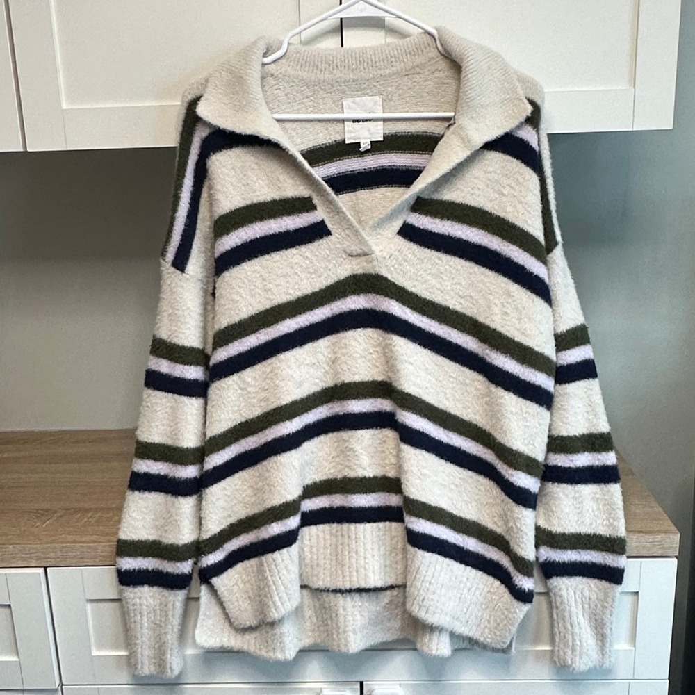 Aerie Polo Sweater Womens S Cream Striped Pullover Eyelash Knit Oversized‎ Cozy